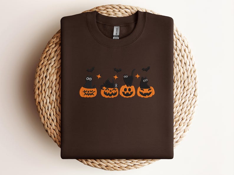 Embroidered Cute Halloween Cat Sweatshirt – Black Cats in Pumpkins Embroidery – Spooky Fall Crewneck – Cozy Autumn Sweater