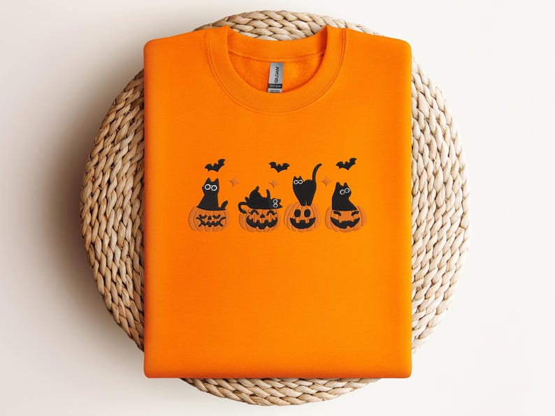 Embroidered Cute Halloween Cat Sweatshirt – Black Cats in Pumpkins Embroidery – Spooky Fall Crewneck – Cozy Autumn Sweater