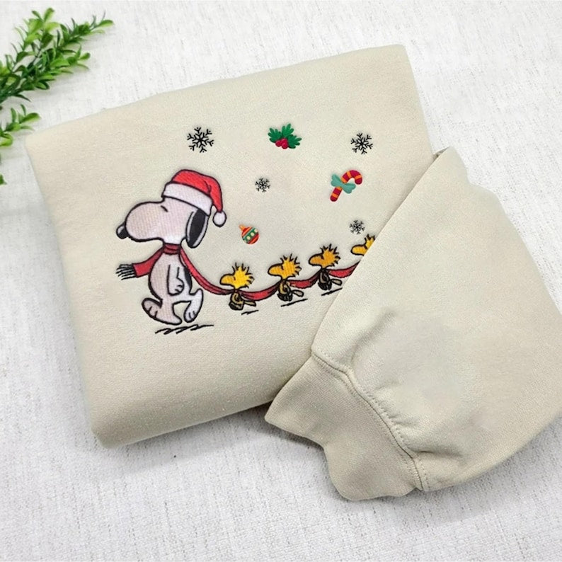 Funny Snoopy Woodstock Christmas Embroidered Sweatshirt, Snoopy Christmas Embroidered Sweatshirt, Christmas Embroidered Sweatshirt.